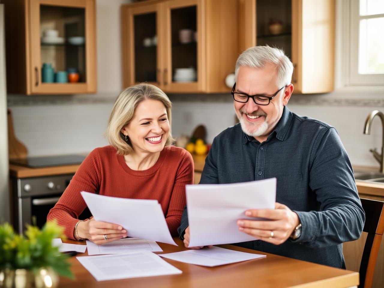 A smiling couple reviewing their household debt payoff plan at the kitchen table.