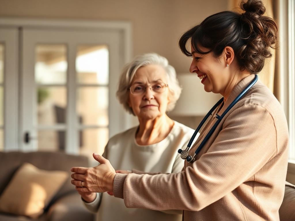 A caring healthcare professional gently assisting an elderly person in a comfortable home setting.
